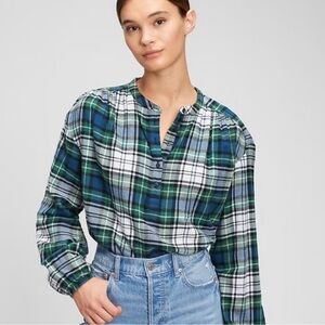 GAP Shirred Henley Plaid Button Down Shirt in Blue and Green